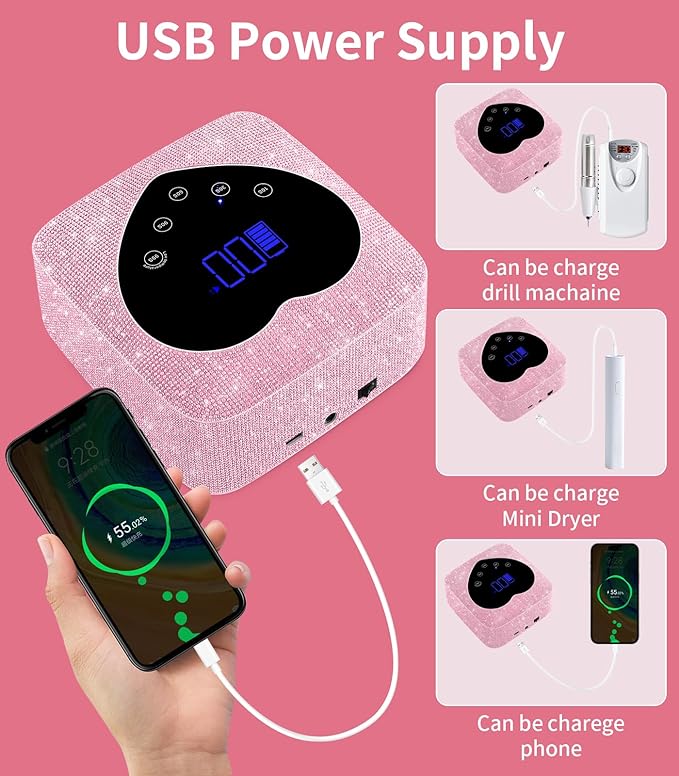 Rechargeable Heart Shaped UV LED Nail Lamp With Rhinestones & Pearls