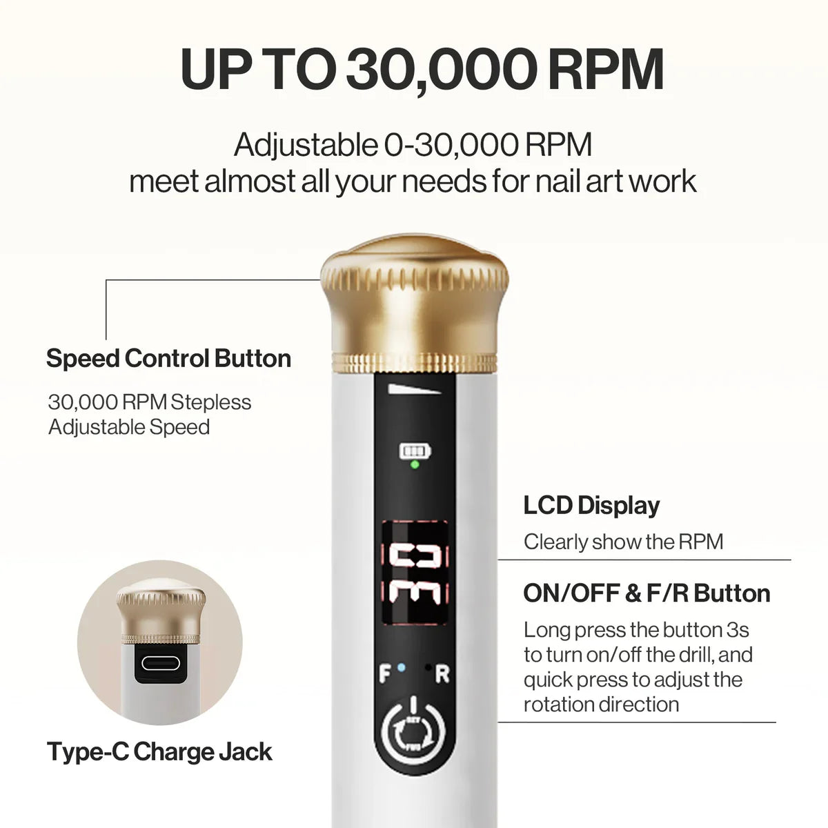 MelodySusie SP1-Cordless & Stepless Speed Nail Drill 30000 RPM