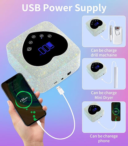 Rechargeable Heart Shaped UV LED Nail Lamp With Rhinestones & Pearls